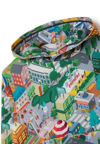 Sudadera gráfica colorida con un patrón de paisaje urbano que incluye edificios, árboles, un dinosaurio y una noria, confeccionada con tela suave.