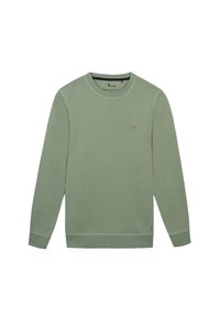 Grüner Sweatshirt mit Rundhalsausschnitt, langen Ärmeln und kleinem rosa Baum-Logo auf der Brust. Weicher Textilstoff, gerippte Bündchen und Saum.
