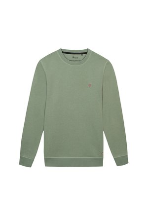 Grüner Sweatshirt mit Rundhalsausschnitt, langen Ärmeln und kleinem rosa Baum-Logo auf der Brust. Weicher Textilstoff, gerippte Bündchen und Saum.