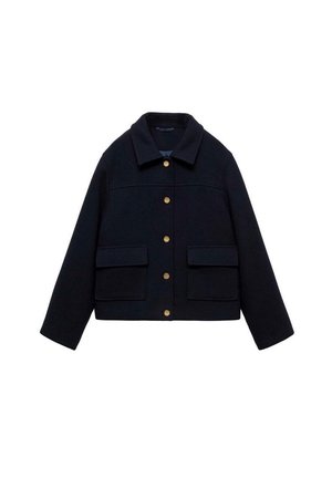 Czarna wełniana kurtka z kołnierzem, złotymi guzikami z przodu, długimi rękawami i dwoma dużymi przednimi kieszeniami z klapami.