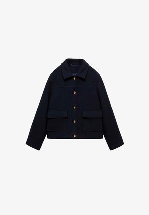 Sort uldjakke med krave, forgyldte knapper foran, lange ærmer og to store stiklommer foran med klap.