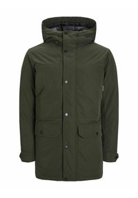Donkergroene parka-jack met capuchon, gemaakt van glad materiaal. Bevat twee voorzakken met drukknoopsluitingen en een knoopsluiting aan de voorkant.