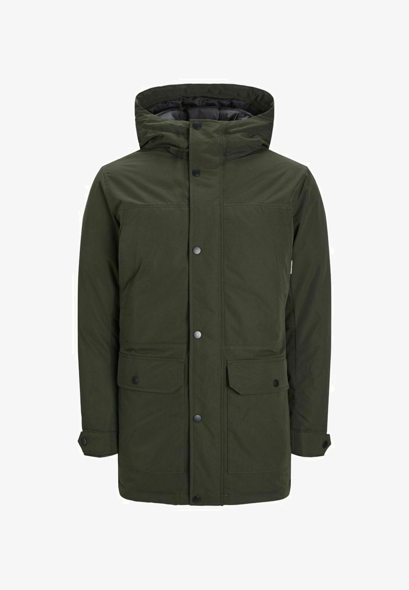 Donkergroene parka-jack met capuchon, gemaakt van glad materiaal. Bevat twee voorzakken met drukknoopsluitingen en een knoopsluiting aan de voorkant.