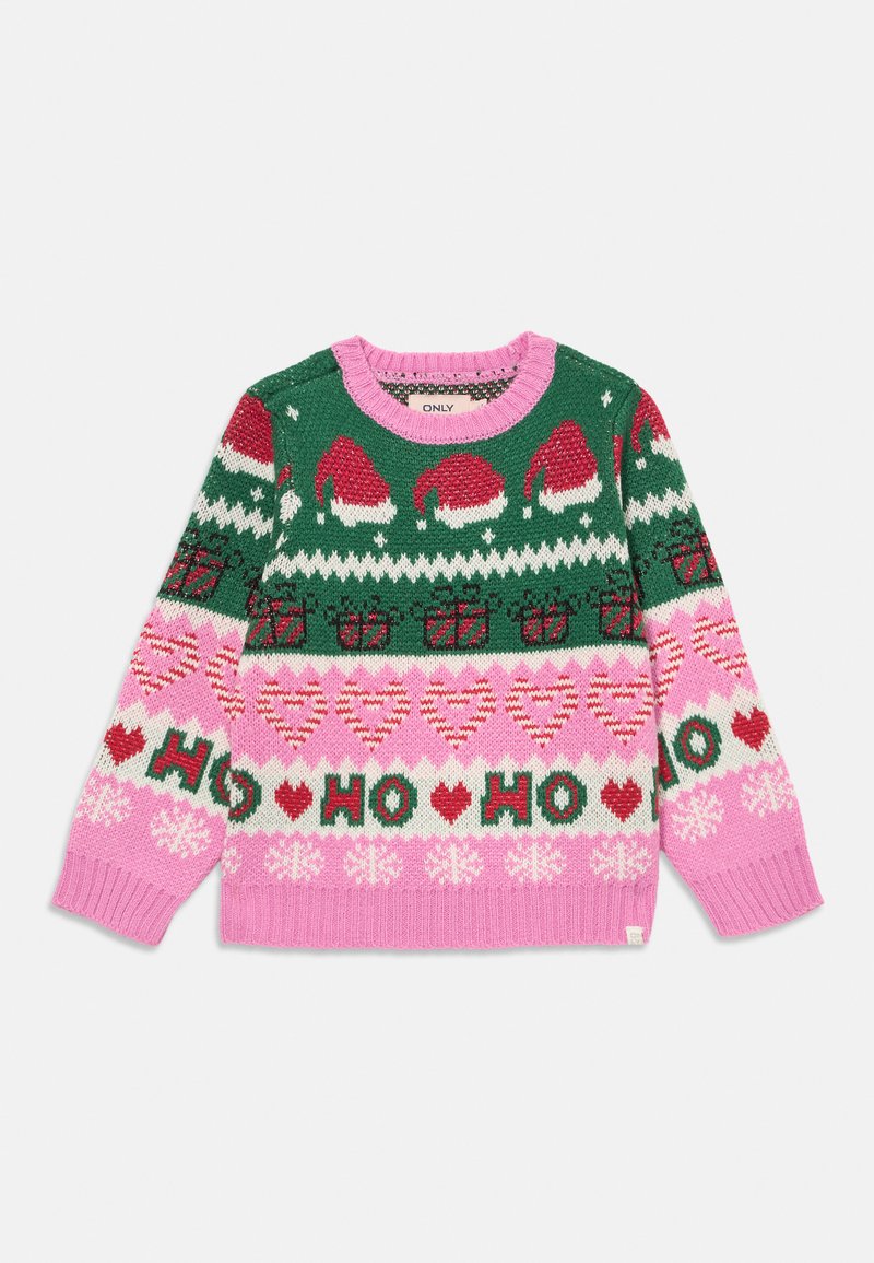 Sweater de Natal verde e rosa com padrões de chapéus de Papai Noel, caixas de presentes, corações em forma de bastão de doces, flocos de neve e texto "HO HO HO".