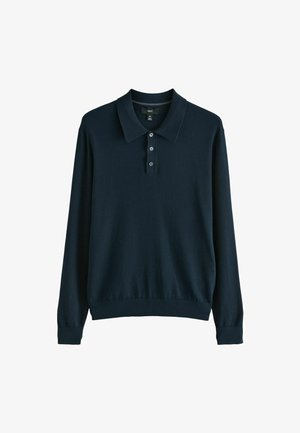 Marineblå langærmet polo sweater med klassisk krave, tre-knaps placket og ribbede manchetter og kant. Blødt, struktureret stof.