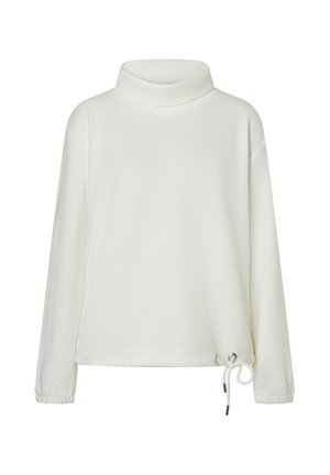 Weißer strukturierter Langarm-Rollkragenpullover mit verstellbarem Kordelzug am Saum und elastischen Bündchen.
