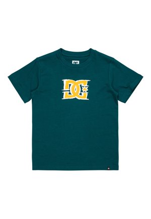 Türkises Baumwoll-T-Shirt mit kurzen Ärmeln, das auf der Vorderseite ein weißes und gelbes DC-Logo-Design zeigt. Klassischer Rundhalsausschnitt.