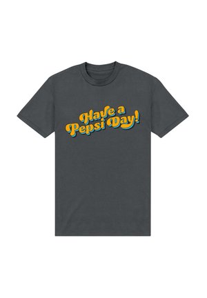 Czarny T-shirt z bawełny w odcieniu ciemnoszarym, z napisem "Miłego dnia z Pepsi!" w żywych pomarańczowym i niebieskim, retro kroju. Krótkie rękawy i okrągły dekolt.