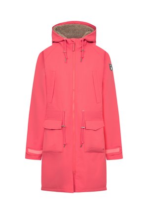 Giacca impermeabile rosa con cappuccio foderato in pile, due tasche frontali e cordini regolabili. Dotata di zip completa e dettagli riflettenti.