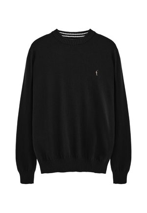 Jersey negro de punto con manga larga, puños, bajo y cuello acanalados, con un pequeño logo bordado de una figura en el pecho izquierdo.