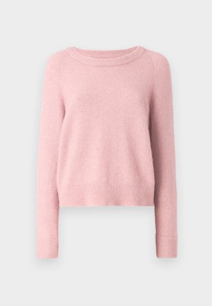 Světle růžový svetr s kulatým výstřihem, dlouhými rukávy a ribovanými manžetami a lemem. Měkká textura, zkrácený střih. Bez viditelných vzorů.