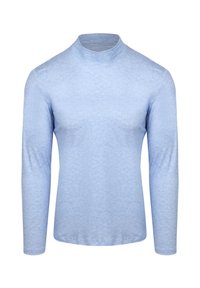 Lichtblauw langemouw turtleneck shirt gemaakt van een zachte, gladde stof met een getailleerd ontwerp en een geribbelde kraag.