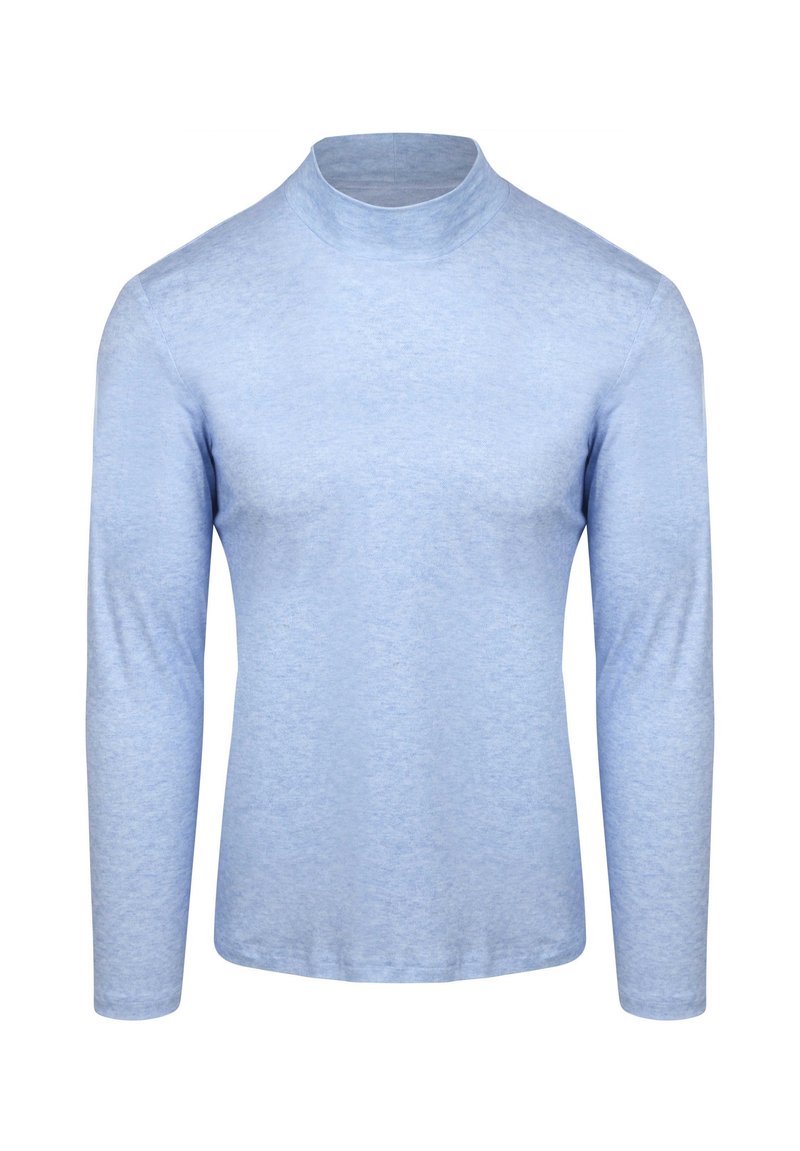 Lichtblauw langemouw turtleneck shirt gemaakt van een zachte, gladde stof met een getailleerd ontwerp en een geribbelde kraag.