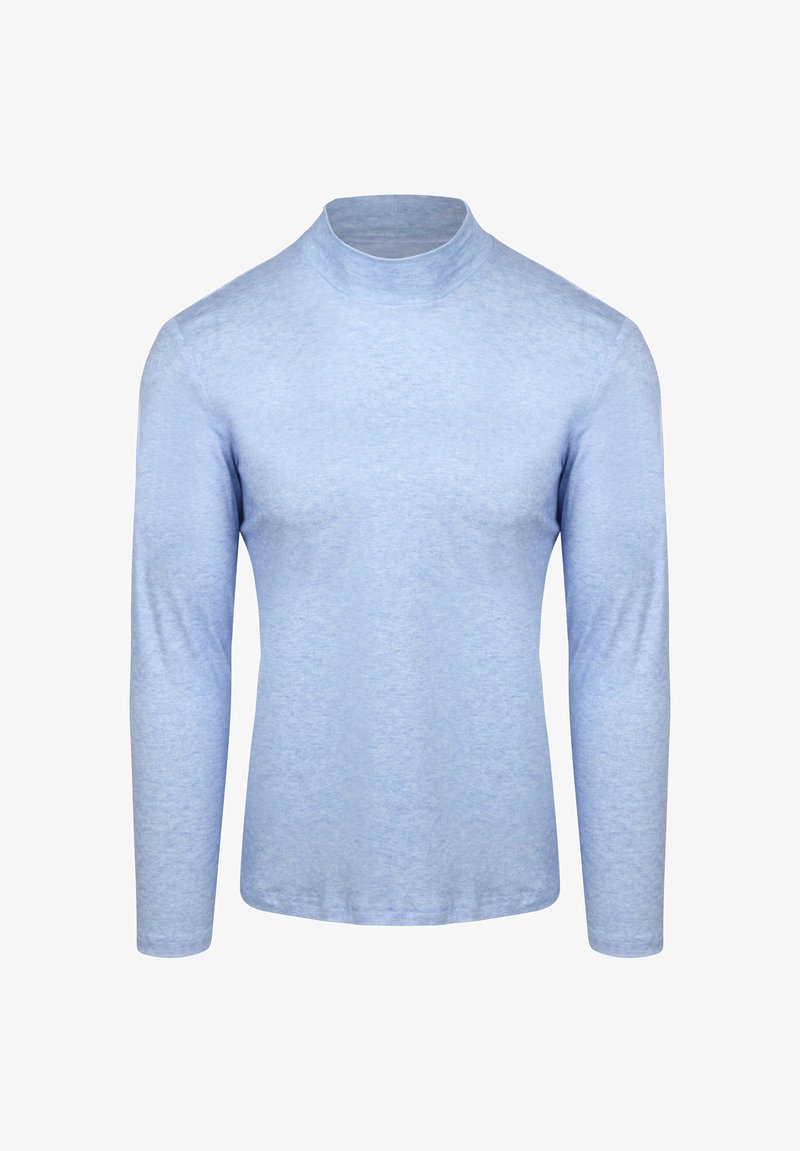 Lichtblauw langemouw turtleneck shirt gemaakt van een zachte, gladde stof met een getailleerd ontwerp en een geribbelde kraag.