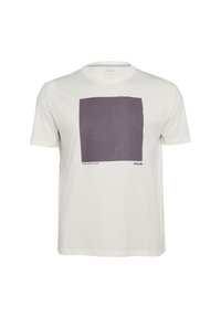 Korte mouwen witte T-shirt van katoen met een grote paarse vierkante afbeelding op de voorkant, met zwarte tekst onderaan.