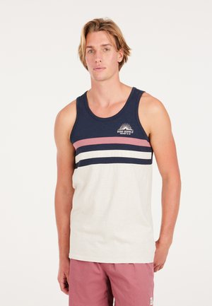 Ärmeloses tanktop lavet af bomuld, med en marineblå overdel, rosa og marineblå striber, hvid nederste del og et sollogo på brystet.