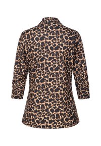 Blůza s leopardím potiskem vyrobená z jemné látky, s rukávy 3/4 a límečkem. Má volnější střih a zaoblený lem, který ukazuje různé hnědé odstíny.
