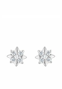 Pendientes de plata en forma de flor con cinco cristales redondos transparentes dispuestos en un patrón estelar. Superficie de metal lisa con acabado pulido.