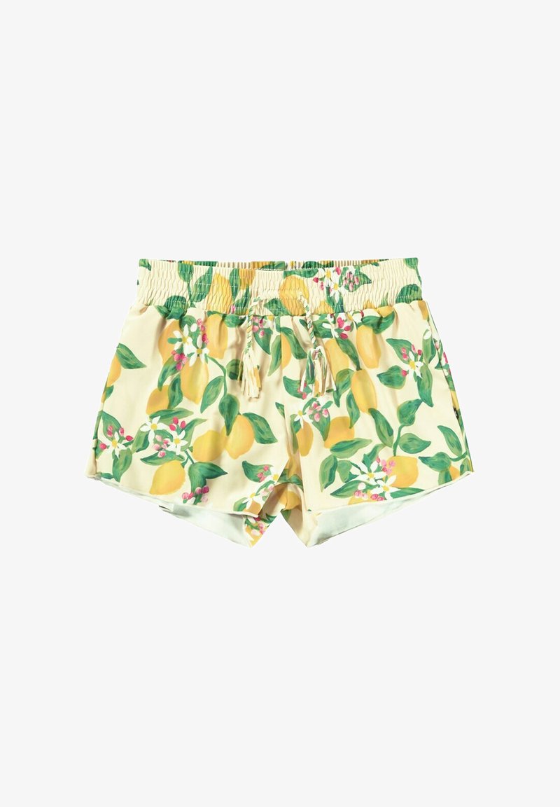 Zwemshorts met citroenen op een lichtgele basis, voorzien van een elastische tailleband, zijkwastjes en levendige groene bladeren en roze bloemen.