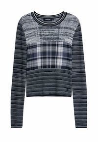 Maglione all'uncinetto con maniche lunghe, scollatura rotonda, caratterizzato da una combinazione di strisce blu navy e grigie con un motivo a quadri sul petto.