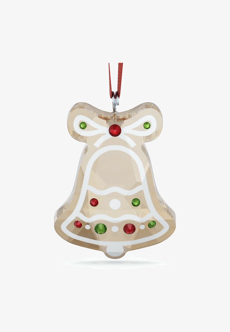 Ozdoba w kształcie kryształowego dzwonka w beżowym kolorze, z białymi akcentami wzorniczymi oraz zdobieniami z czerwonych i zielonych kamieni, zawieszona na czerwonej wstążce.