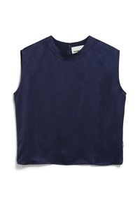 Navy blue, sleeveless top made of smooth fabric with a round neckline and a back zipper. Simple, straight cut without embellishments.