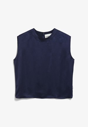 Marineblauwe, mouwloze top van gladde stof met een ronde halslijn en een ritssluiting aan de achterkant. Eenvoudige, rechte snit zonder versieringen.