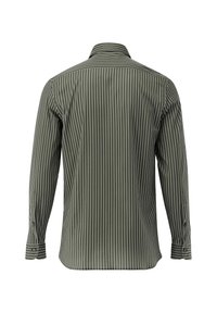 Camicia a maniche lunghe di colore verde scuro con strisce bianche verticali. Presenta un colletto classico e polsini con bottoni. Tessuto dalla consistenza liscia.