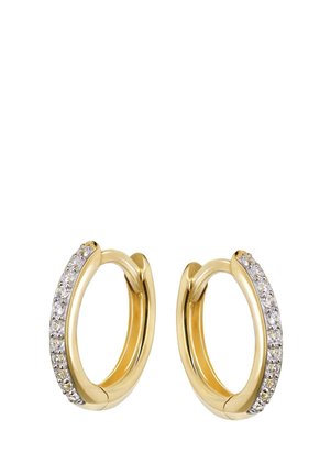 Gold hoop earrings with a row of small clear gemstones along the front outer edge, shown against a white background.