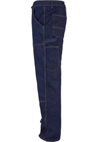 Pantalones de trabajo de denim azul oscuro con múltiples bolsillos, costuras reforzadas y un corte recto. Tela duradera con una textura suave.