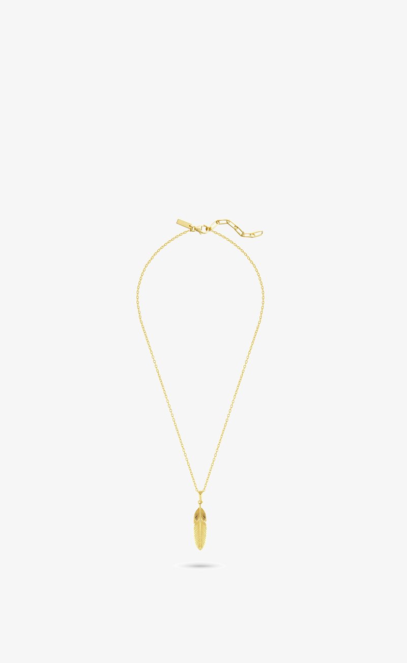 Collier délicat en chaîne dorée avec un petit pendentif plume détaillé et une fermeture ajustable sur fond blanc.