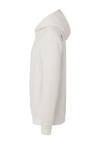 Sweatshirt blanc à capuche avec une texture douce, des manches longues, des poignets côtelés et une poche kangourou. Présente un petit logo sur la manche gauche.