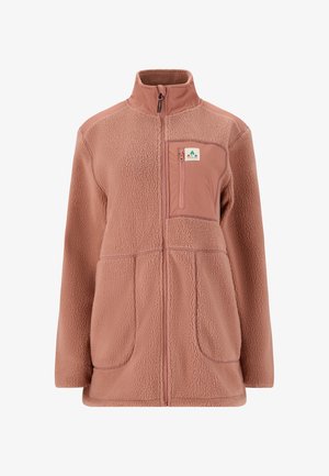 Fleece takki pölyruusun värissä, jossa on vetoketju edessä, korkea kaulus ja kaksi etutaskua. Varustettu rintataskulla, jossa on vetoketju ja logotunnus.