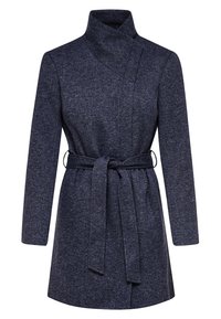 Cappotto in misto lana blu navy con collo alto, design avvolgente e cintura in vita. Tessuto liscio, maniche lunghe e lunghezza a metà coscia.