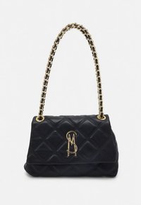 Black leather handbag with a quilted pattern, gold chain strap, and a prominent logo accent on the front. Compact rectangular shape.