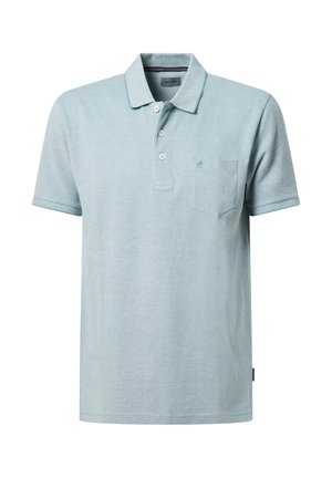 Hellblauses Polohemd aus strukturiertem Stoff. Verfügt über eine Knopfleiste mit drei Knöpfen, einen Kragen und eine Brusttasche links mit einem dezenten Logo.