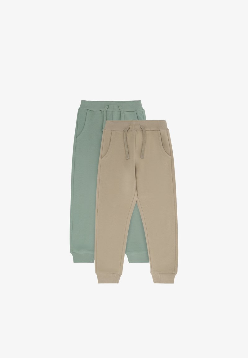 Deux pantalons de survêtement en tissu doux, l'un en vert clair et l'autre en beige, tous deux dotés de ceintures élastiques et de poches latérales.
