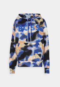Felpa con cappuccio in una stampa astratta multicolore che presenta sfumature di blu, nero e beige. Tasca a marsupio frontale e dettagli con cordino.
