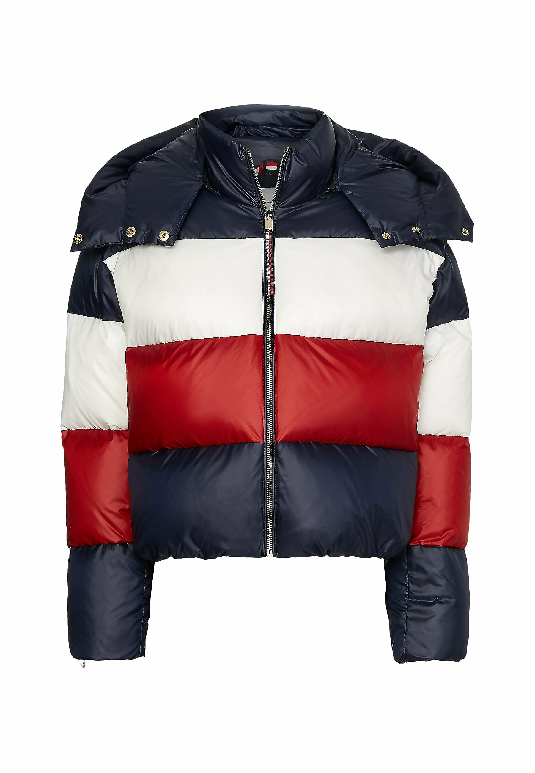 blue and red puffer jacket