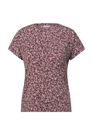 Korte mouwen, ronde hals shirt met een bloemenpatroon in tinten bordeaux, crème en donkergrijs; gemaakt van een zachte, lichte stof.