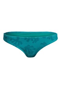 Teal bikiniunderdel med ribbad textur och subtilt bladmönster, med smal midja och klassisk skärning.