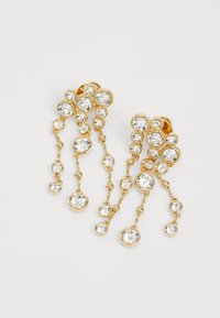 Gold earrings featuring cascading clear rhinestones in various sizes. The design includes intricate metalwork and a varied chain length.