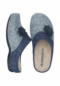 Gray and dark blue felt clogs with a floral accent, rounded toe, slip-on design, and a textured black sole. Inner lining is beige.