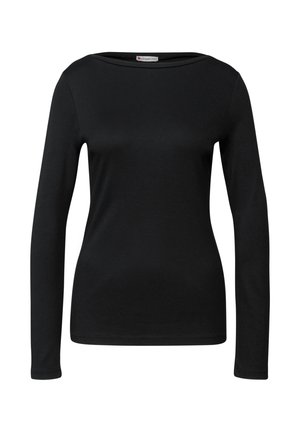T-shirt noir à manches longues avec un col rond, fabriqué à partir d'un tissu doux et lisse. Il présente une coupe ajustée et des détails de couture minimaux.