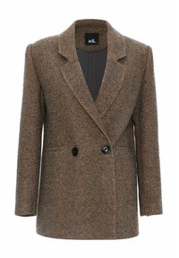 Musta ja ruskea herringbone-kuvioinen kaksirivinen bleiseri, jossa on leikattu kaulus ja kaksi mustaa nappia, keskikoko.