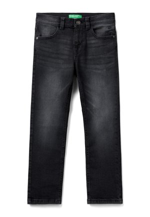 Jean noir droit avec poches avant et passants de ceinture, présentant des détails légèrement délavés et une étiquette verte à l'intérieur de la ceinture.