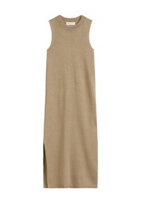 Abito senza maniche in maglia beige, con collo alto, spacco laterale e silhouette dritta. Tessuto morbido e dettaglio a coste sul collo.