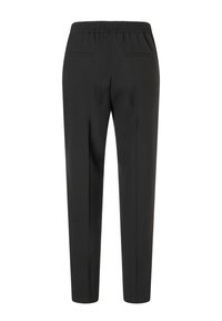 Schwarze, gerade geschnittene Hose mit einem elastischen Bund, zwei Gesäßtaschen und einer glatten Stoffoberfläche. Keine sichtbaren Muster oder Hardware.