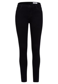 Czarne skinny jeans z elastycznego materiału, z wysokim stanem, przednimi kieszeniami i gładką teksturą. Klasyczny fason z pięcioma kieszeniami.