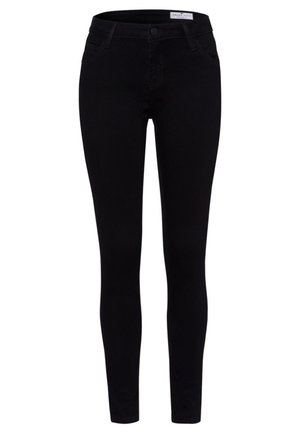 Czarne skinny jeans z elastycznego materiału, z wysokim stanem, przednimi kieszeniami i gładką teksturą. Klasyczny fason z pięcioma kieszeniami.